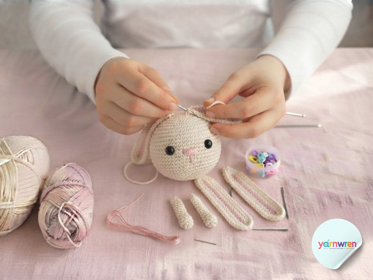 Sewing ears, limbs, and a pink nose onto the assembled amigurumi bunny keychain by hand