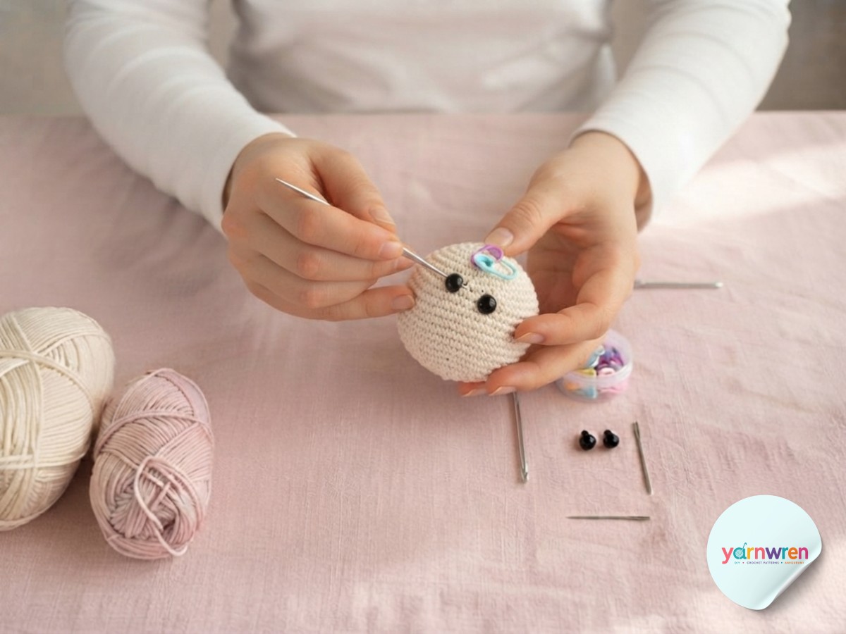 Attaching black safety eyes evenly to the head of an amigurumi bunny keychain in progress
