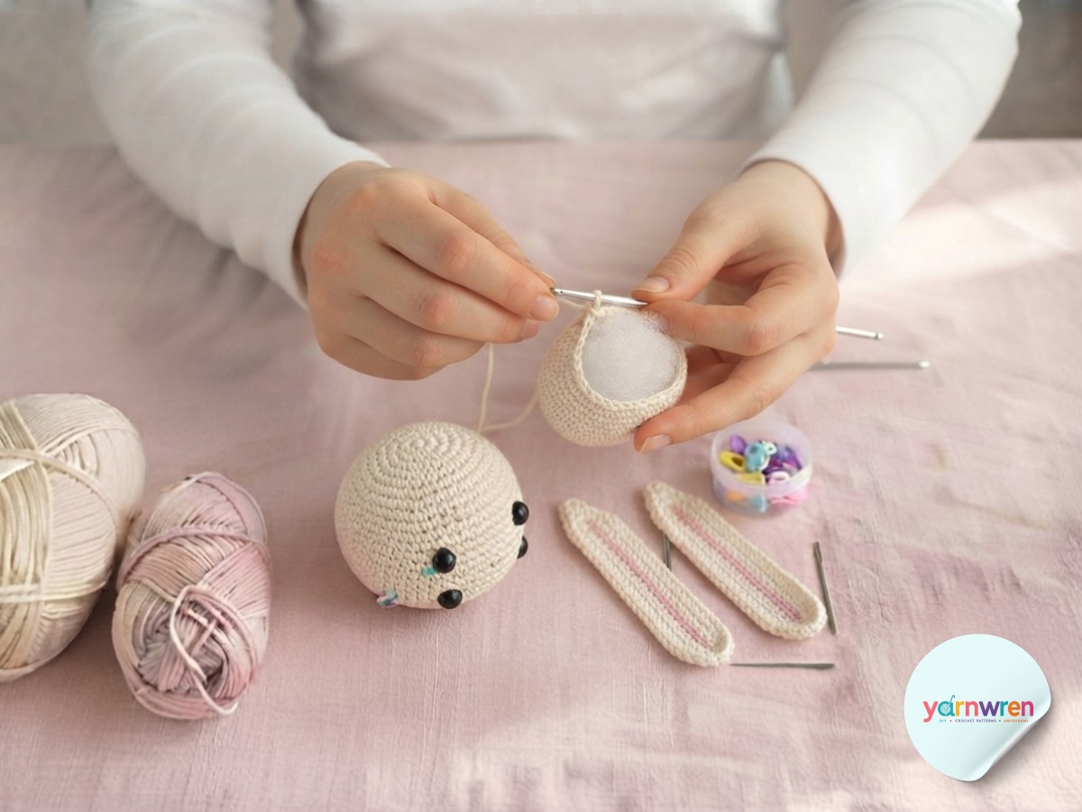 Crocheting the small oval body piece for an amigurumi bunny keychain next to the finished head