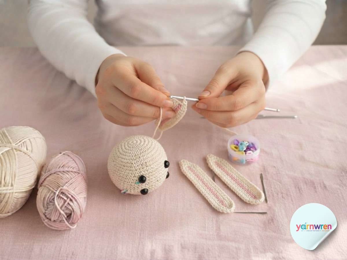 Two pale pink and cream ears crocheted flat beside the finished amigurumi bunny keychain head