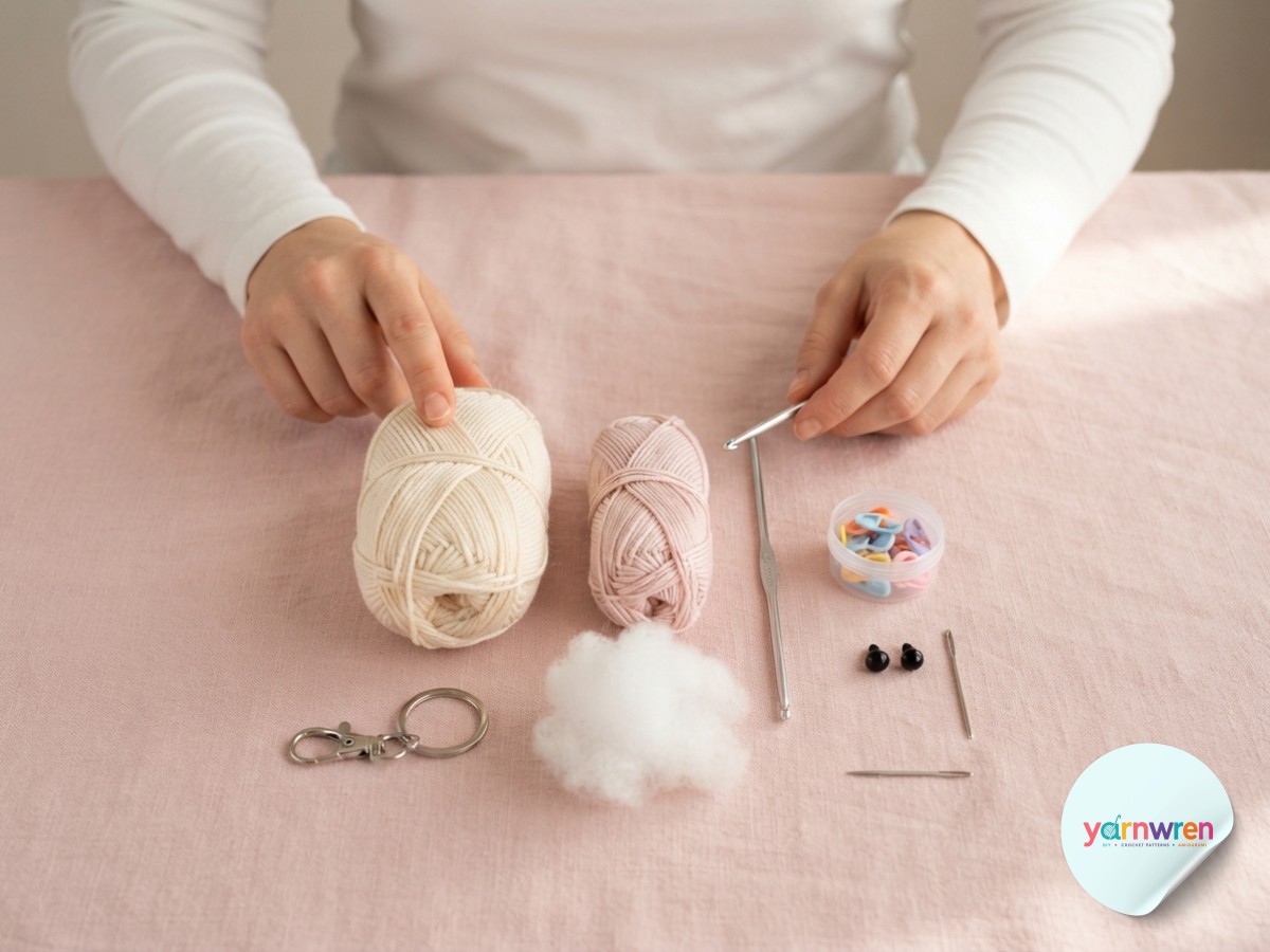 Flat lay of yarn, hook, and safety eyes ready to begin an amigurumi bunny keychain project