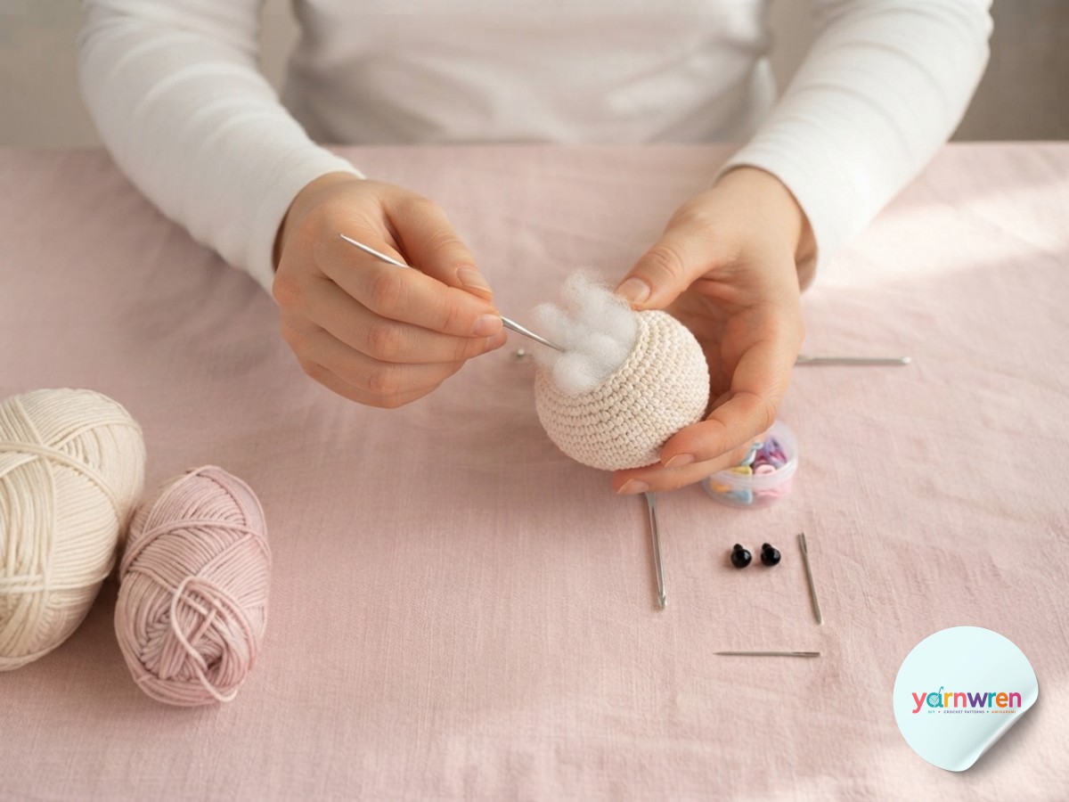 Stuffing the crocheted head firmly with fiberfill before finishing the amigurumi bunny keychain
