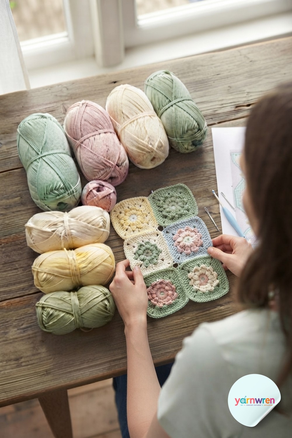 Finished floral squares in five pastel colorways are arranged before joining for the crochet flower blanket pattern.