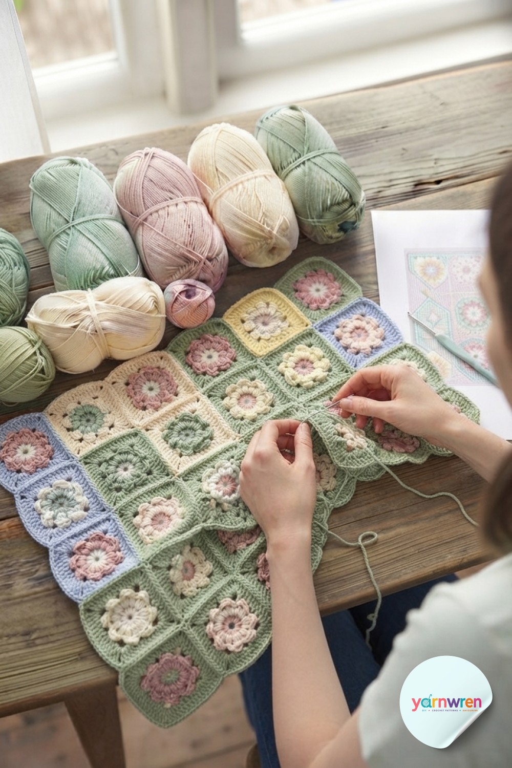 Multiple strips connect into a growing panel, roughly half of the crochet flower blanket pattern assembled here.
