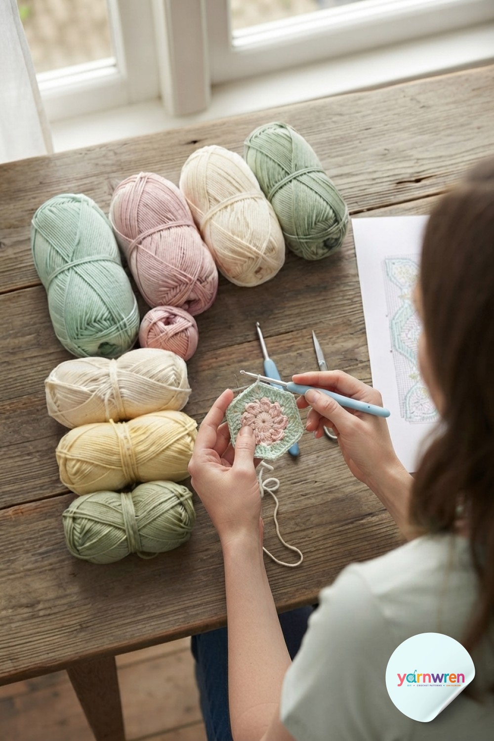 Blush and mint petal rounds build the hexagon motif at the heart of the crochet flower blanket pattern.