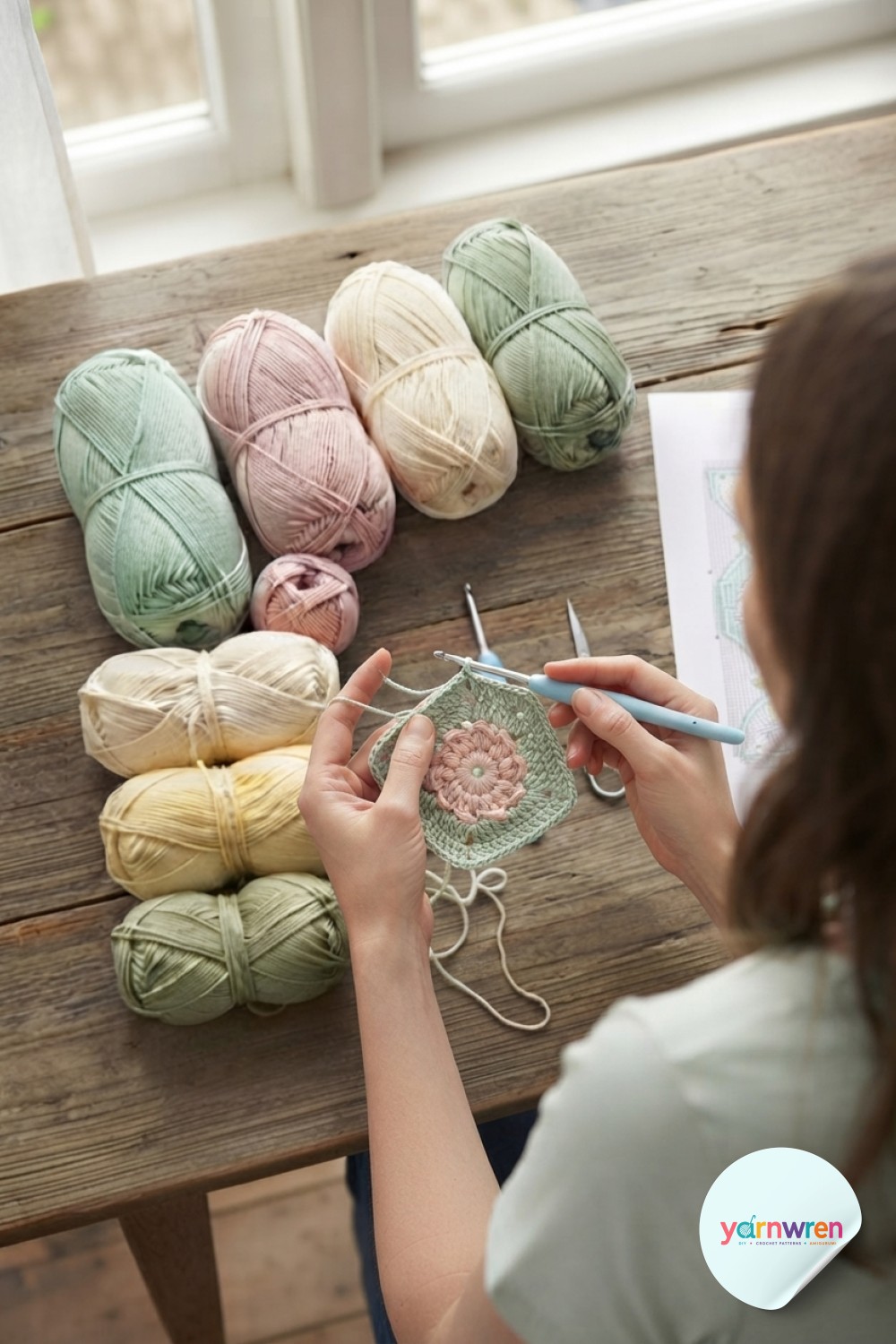 Sage green stitches square off the floral granny square, a key shaping step in this crochet flower blanket pattern.