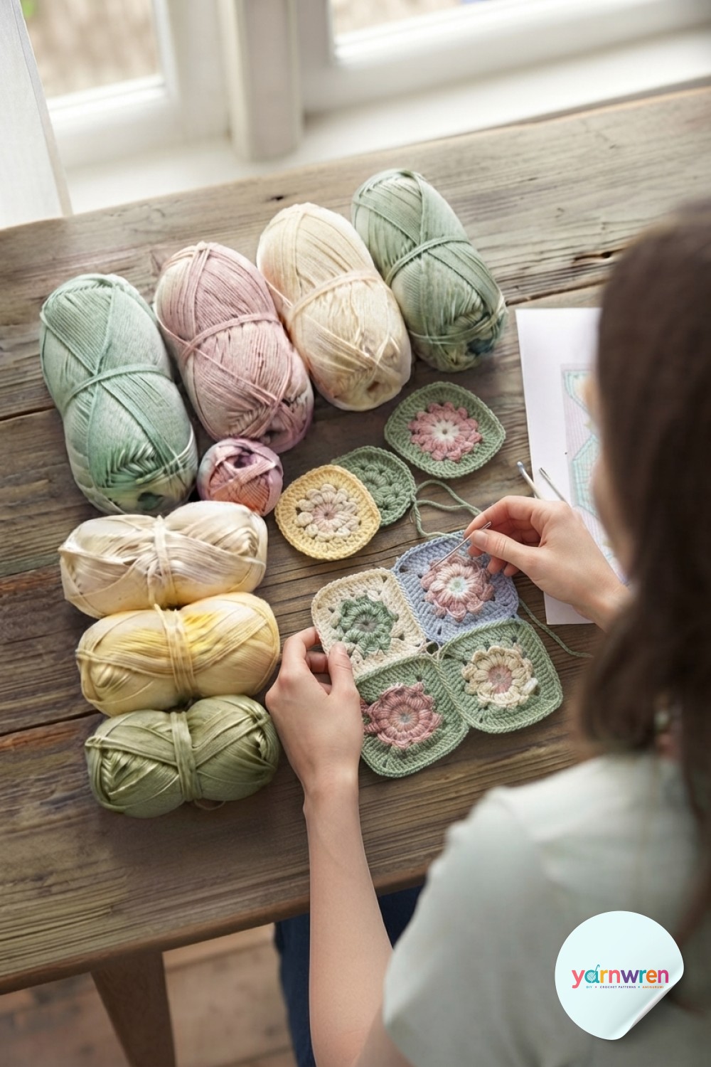 A tapestry needle whip-stitches two squares together, joining the first strip of the crochet flower blanket pattern.