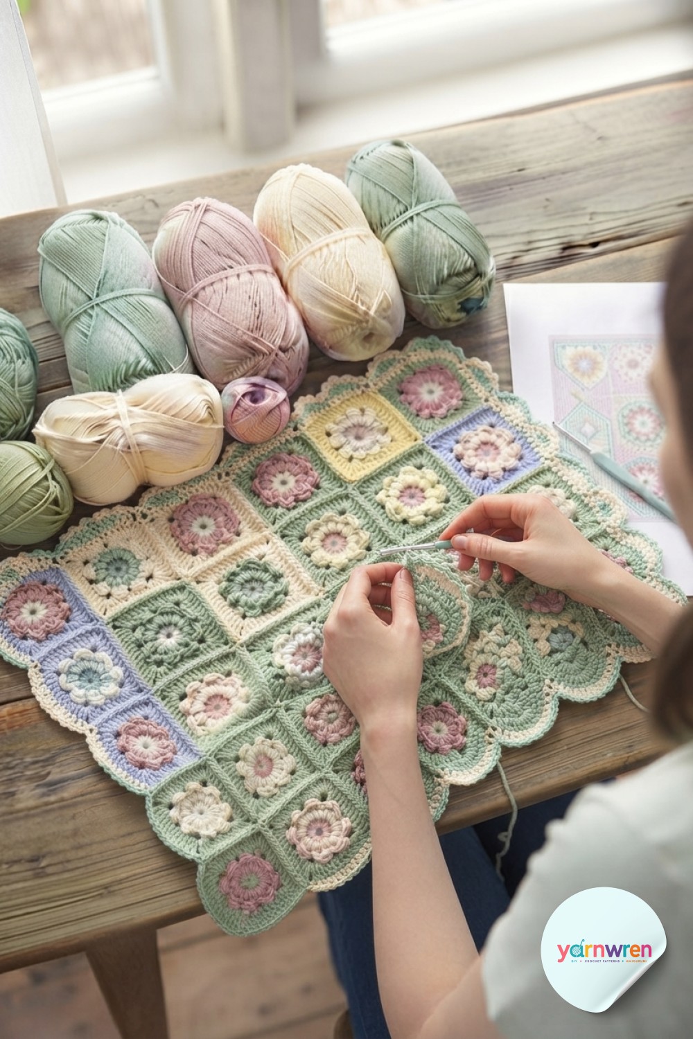 The scalloped mint and cream border takes shape around the joined panel of the crochet flower blanket pattern.