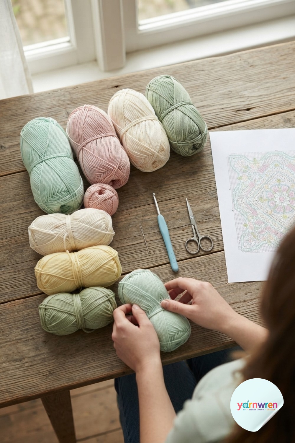 Pastel yarn skeins and tools are arranged for this crochet flower blanket pattern before the first stitch is made.