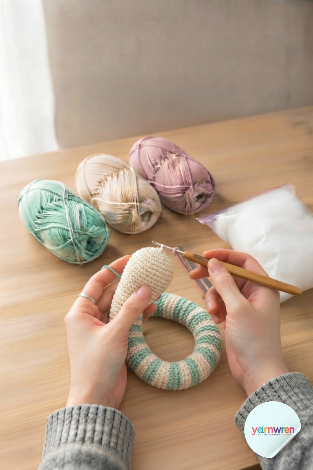 Decrease rounds in cream yarn shape the rounded head of the crochet snake amigurumi pattern before the face goes on.