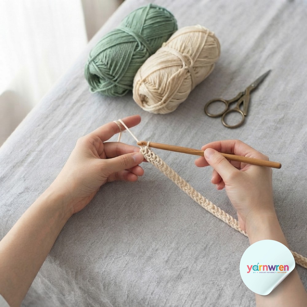 The first row of single crochet and chain-one stitches shows this moss stitch crochet tutorial pattern taking shape.