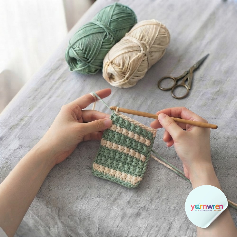 A four-inch swatch reveals the bumpy texture at the heart of every moss stitch crochet tutorial.
