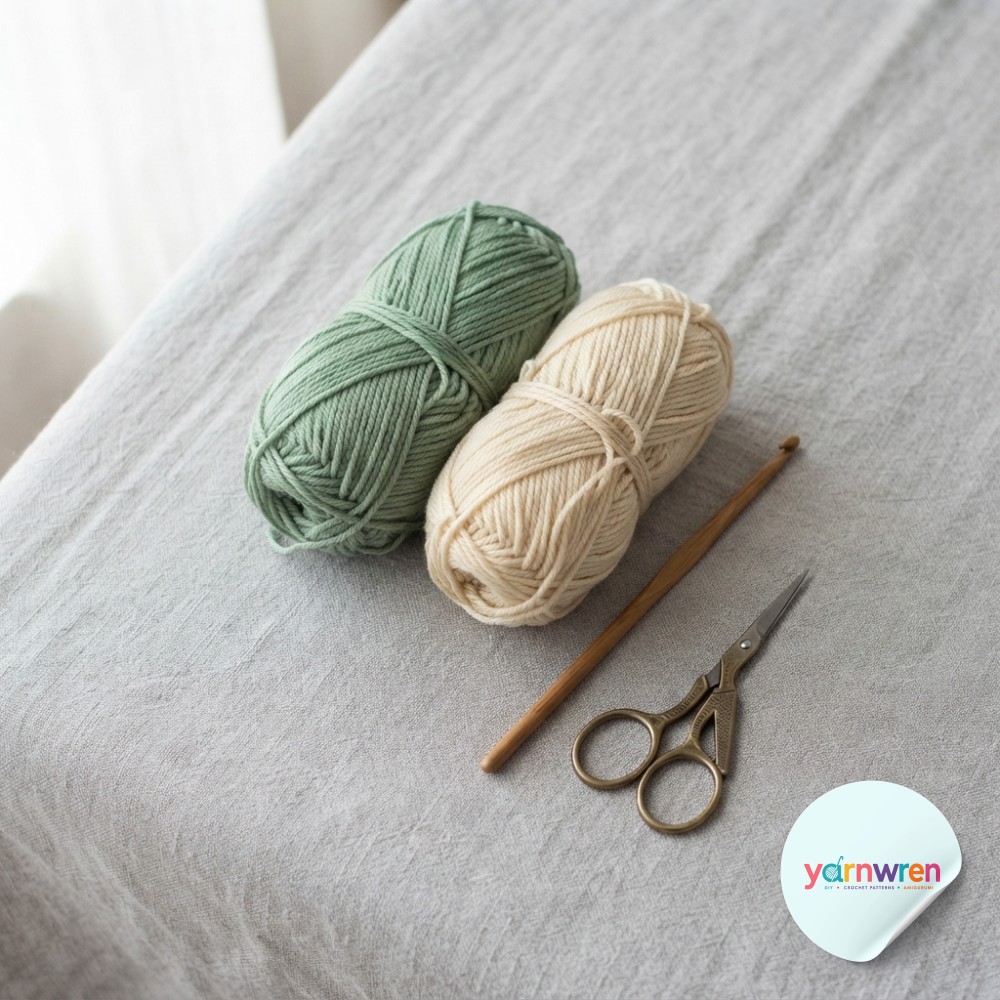 This moss stitch crochet tutorial begins with sage green and cream yarn, a 5mm hook, and small scissors laid flat.